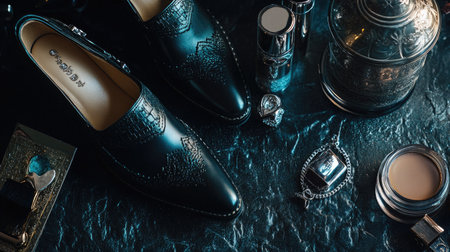 Elegant leather shoes paired with silver jewelry and cosmetics on textured dark surfaceの素材