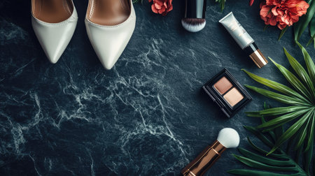 Fashion-forward flat lay of stylish shoes and high-end beauty products on dark textured surfaceの素材