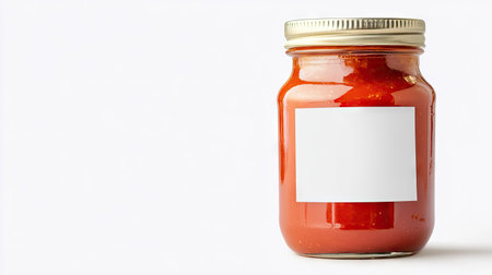 Glass jar of tomato sauce with blank label, isolated against a plain white backdropの素材