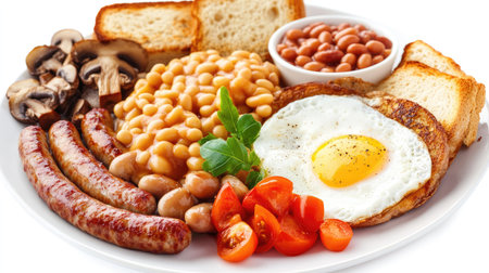Full English breakfast including eggs, sausage, baked beans, mushrooms, and toast, isolated on whiteの素材