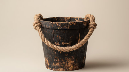 Front view of burned birchwood bucket with coarse jute rope handles on a solid color backgroundの素材