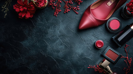 Fashion-forward flat lay of stylish shoes and high-end beauty products on dark textured surfaceの素材
