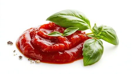 Dollop of tomato sauce with visible basil and oregano flecks, isolated on whiteの素材