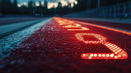 Digital race timer display with bold red numbers ticking down at an outdoor track eventの素材
