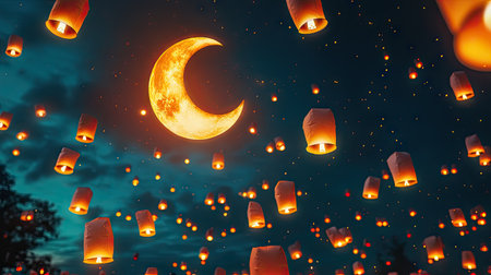 Glowing paper lanterns floating in the air beneath a radiant crescent moon during a cultural festival nightの素材