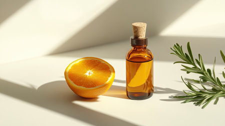 Freshly cut orange and herbal oil bottle styled in a minimal, airy composition on a pale surfaceの素材