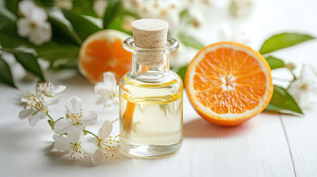 Essential oil in clear glass bottle with orange and blossom accents, elegantly isolated on light backgroundの素材