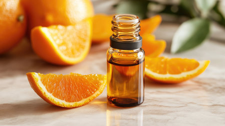 Glass vial of orange essential oil placed beside vibrant orange wedges on a clean light backgroundの素材