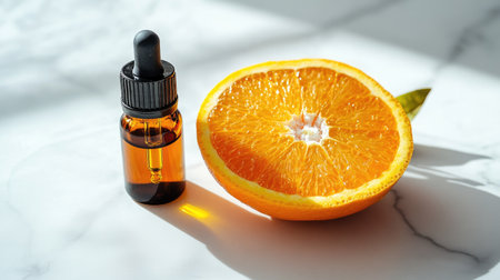 Fresh orange half beside a dropper bottle of essential oil, clean and bright composition on light backgroundの素材
