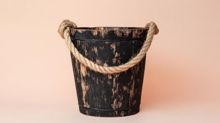 Front view of burned birchwood bucket with coarse jute rope handles on a solid color backgroundの素材