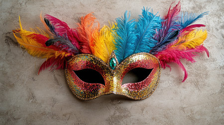 Festive carnival mask with sequins and bright feathers resting on a textured neutral backgroundの素材