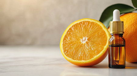 Fresh orange half beside a dropper bottle of essential oil, clean and bright composition on light backgroundの素材