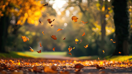 Fallen leaves carried by a gust of wind across a quiet park path, leaves mid-air with motion blurの素材