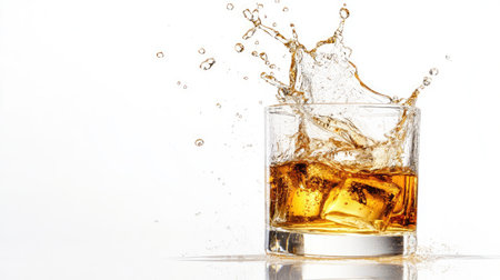Golden whiskey splashing dramatically inside a clear glass, isolated on a pristine white backgroundの素材