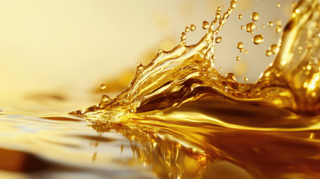 Fine golden oil droplets and splash frozen in motion, illuminated on a clean neutral backgroundの素材