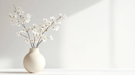 Floral arrangement of blooming cherry branch in a neutral-toned vase, isolated on bright white surfaceの素材