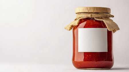 Glass jar of tomato sauce with blank label, isolated against a plain white backdropの素材