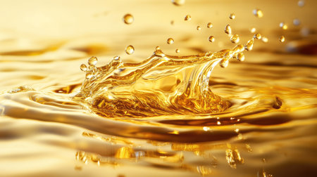 Golden oily liquid splashing with fine drops suspended, soft light enhancing the rich color on a clean backgroundの素材
