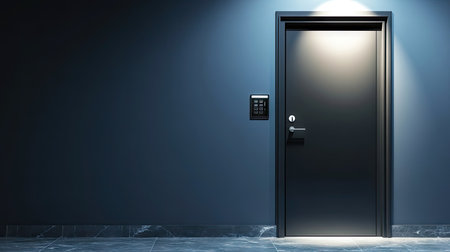 Front door with digital keypad lock and handle, modern design, bright lighting on minimalist backgroundの素材