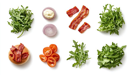 Full set of premium burger ingredients including bacon, caramelized onions, arugula, and aioli, arranged on whiteの素材