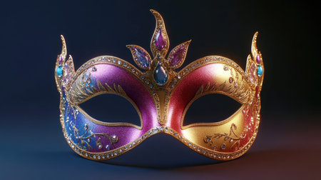 Festive carnival mask featuring metallic colors and sparkling gems, displayed on a dark gradient backdropの素材