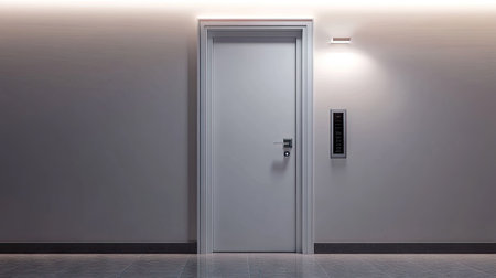 Front door with digital keypad lock and handle, modern design, bright lighting on minimalist backgroundの素材