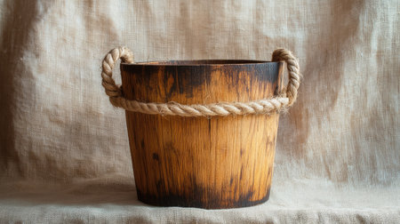 Handcrafted wooden bucket with scorched birch surface and jute handles, placed on linen-textured backgroundの素材