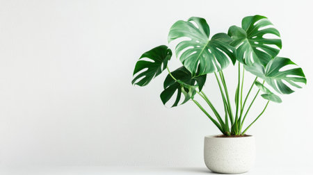 Healthy Monstera plant in a minimal planter with bold green leaves spread wide, isolated on whiteの素材