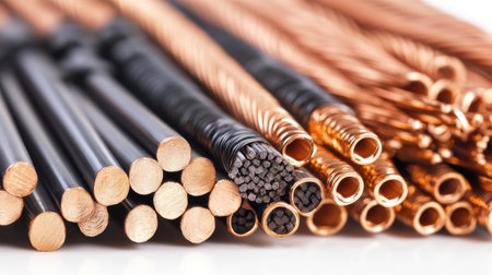 Group of stranded copper wires with various strand counts and insulation types displayed on a white surfaceの素材