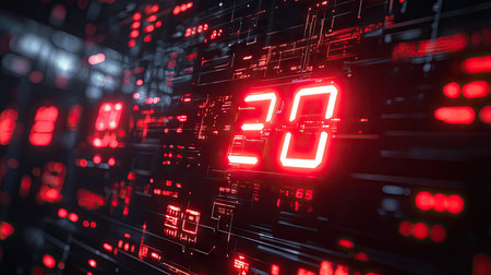 High-tech digital countdown timer display with flashing red lights and numeric display on blackの素材