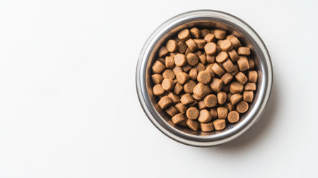 Portion of dry dog food in a glossy silver bowl, centered with negative space on a white backgroundの素材