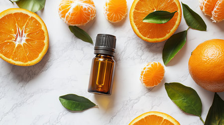 Organic essential oil next to peeled orange and citrus leaves, styled for a natural look on light backdropの素材