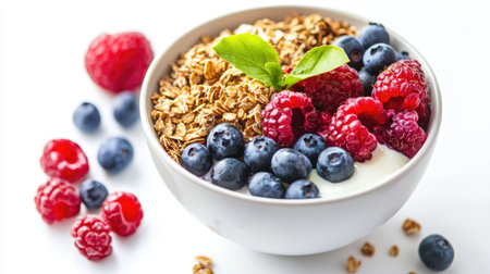 Healthy breakfast bowl with granola, yogurt, and fresh berries, isolated cleanly on a white backgroundの素材