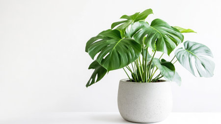 Lush green Monstera deliciosa in a modern planter, beautifully displayed against a clean white backdropの素材
