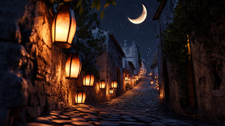 Lanterns lining a cobblestone alley, casting shadows under a clear night sky with a crescent moonの素材