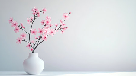 Minimalist display of pink cherry blossoms in a simple vase, isolated on bright white surfaceの素材