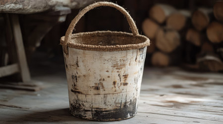 Jute-handled birch bucket with rustic burned details placed in center of natural light backgroundの素材