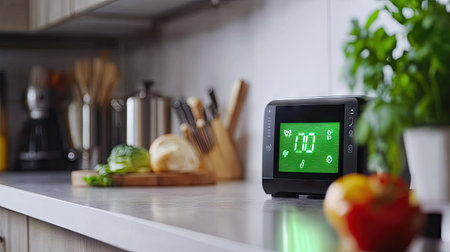 Kitchen digital timer with bright green LED screen showing exact cooking time on white backgroundの素材