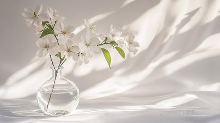 Minimalist composition of flowering cherry blossom in small glass vase, gently lit on white backdropの素材