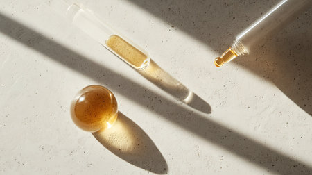 Minimalist flat lay with pipette and golden serum drop about to fall, soft neutral lightingの素材