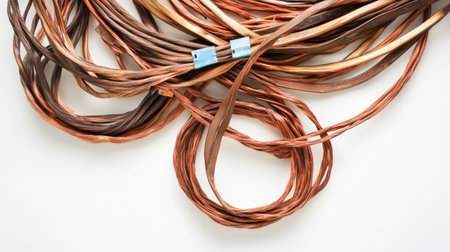 Industrial-grade stranded copper cables bundled and tagged, laid out on white backgroundの素材