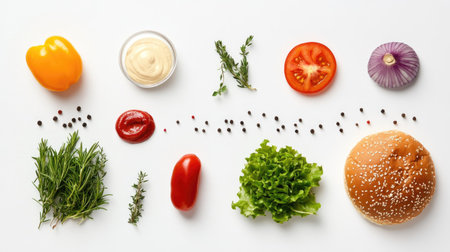 Minimalist flat lay of colorful burger ingredients spaced evenly on a plain white backgroundの素材