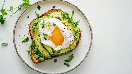 Plate with avocado toast topped with poached egg and herbs, centered on a clean white backgroundの素材