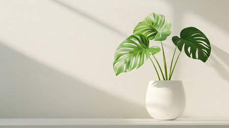 Indoor Monstera flower with glossy leaves in a modern pot, standing on a simple white tabletopの素材