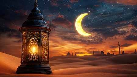 Intricately designed golden lantern beside a crescent moon backdrop with soft evening hues and desert sand in the foregroundの素材