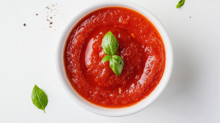 Overhead view of a circular pool of tomato sauce on white, garnished with a small basil leafの素材