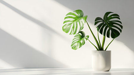 Monstera deliciosa in a minimalist interior pot, captured with soft light on a white backgroundの素材