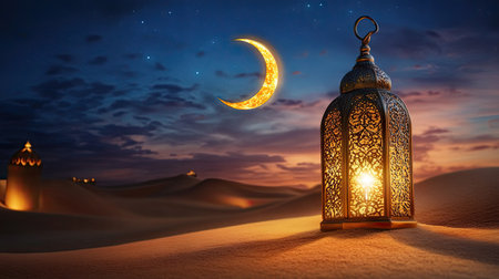 Intricately designed golden lantern beside a crescent moon backdrop with soft evening hues and desert sand in the foregroundの素材