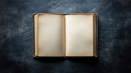 Open book with empty pages viewed from above, placed on a dark textured surface with focused lightingの素材