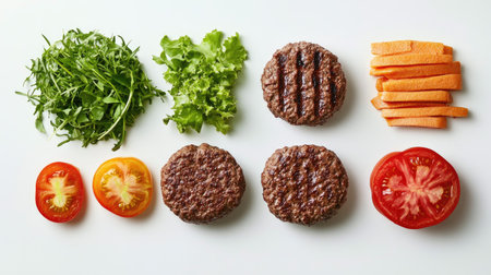 Raw and fresh burger ingredients neatly displayed side by side on a white surfaceの素材
